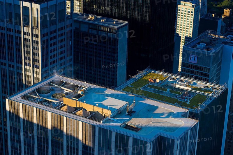 Manhattan skyscrapers roofs with fans, and steam, New York, USA, North America