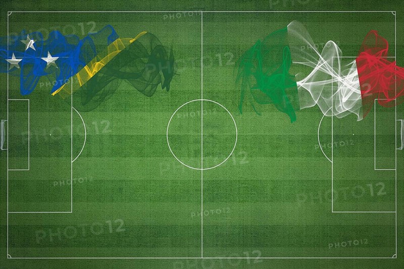 Solomon Islands vs Italy Soccer Match, national colors, national flags, soccer field, football game, Competition concept, Copy space