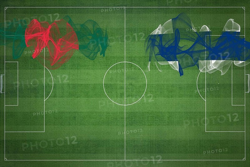 Bangladesh vs Finland Soccer Match, national colors, national flags, soccer field, football game, Competition concept, Copy space