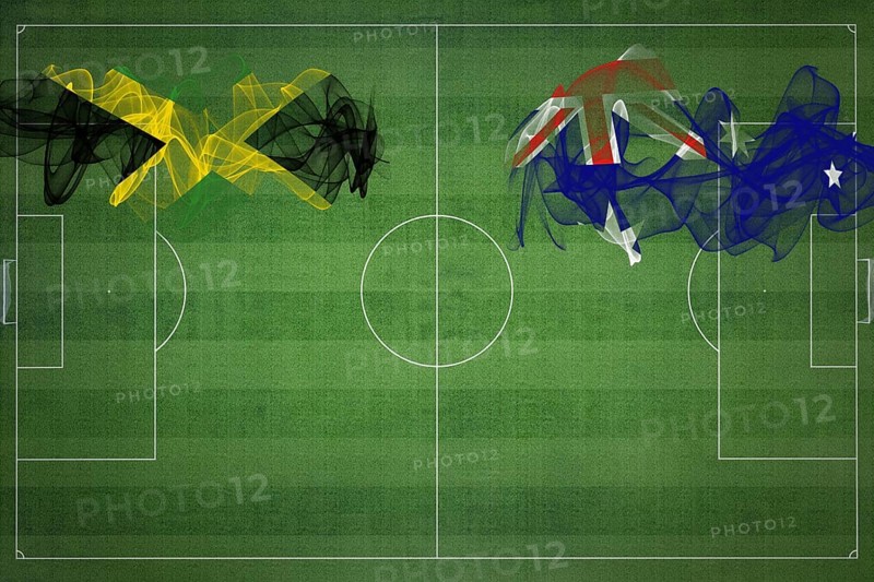 Jamaica vs Australia Soccer Match, national colors, national flags, soccer field, football game, Competition concept, Copy space