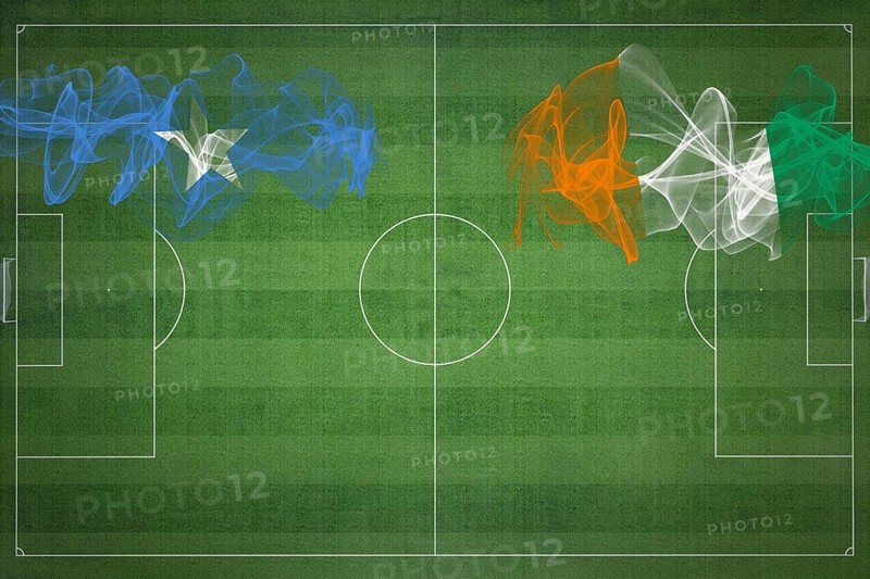 Somalia vs Ivory Coast Soccer Match, national colors, national flags, soccer field, football game, Competition concept, Copy space