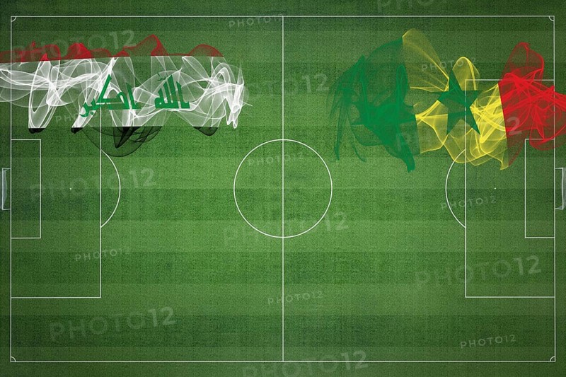 Iraq vs Senegal Soccer Match, national colors, national flags, soccer field, football game, Competition concept, Copy space