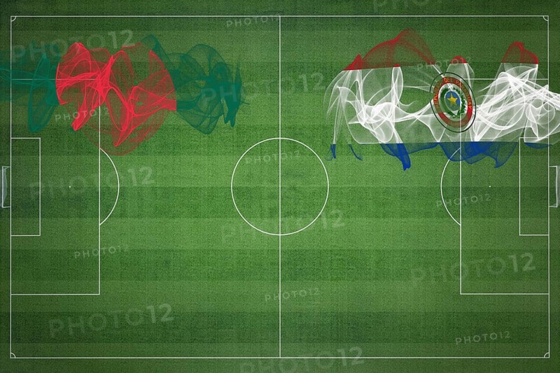 Bangladesh vs Paraguay Soccer Match, national colors, national flags, soccer field, football game, Competition concept, Copy space