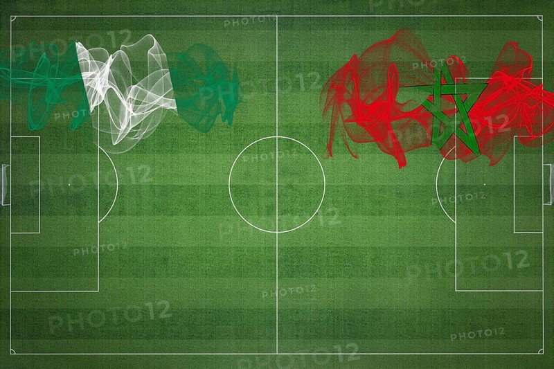 Nigeria vs Morocco Soccer Match, national colors, national flags, soccer field, football game, Competition concept, Copy space