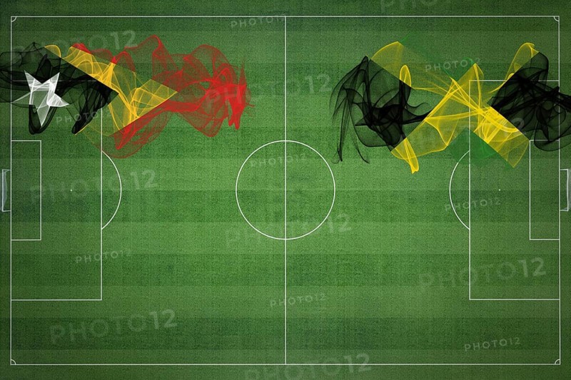 East Timor vs Jamaica Soccer Match, national colors, national flags, soccer field, football game, Competition concept, Copy space