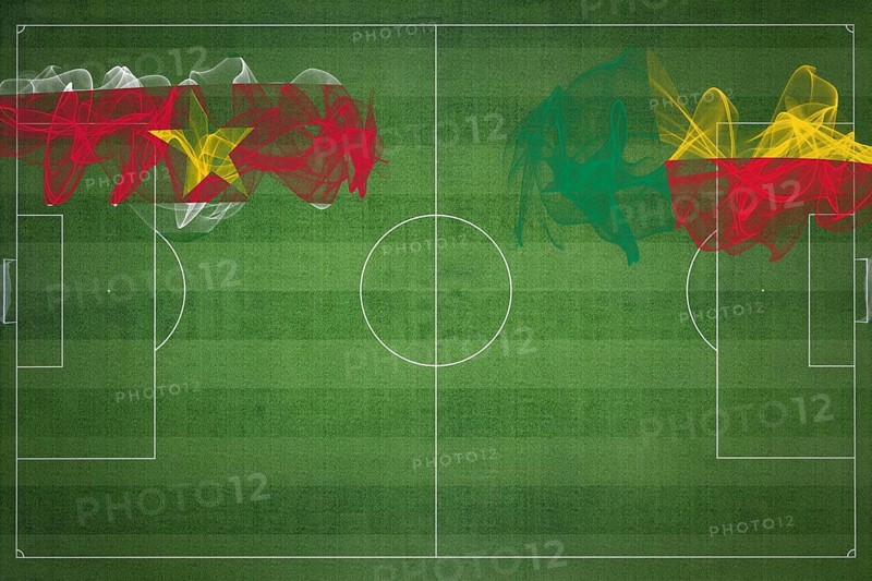 Suriname vs Benin Soccer Match, national colors, national flags, soccer field, football game, Competition concept, Copy space