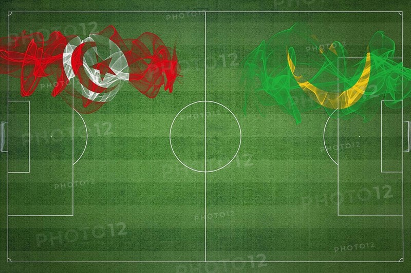 Tunisia vs Mauritania Soccer Match, national colors, national flags, soccer field, football game, Competition concept, Copy space