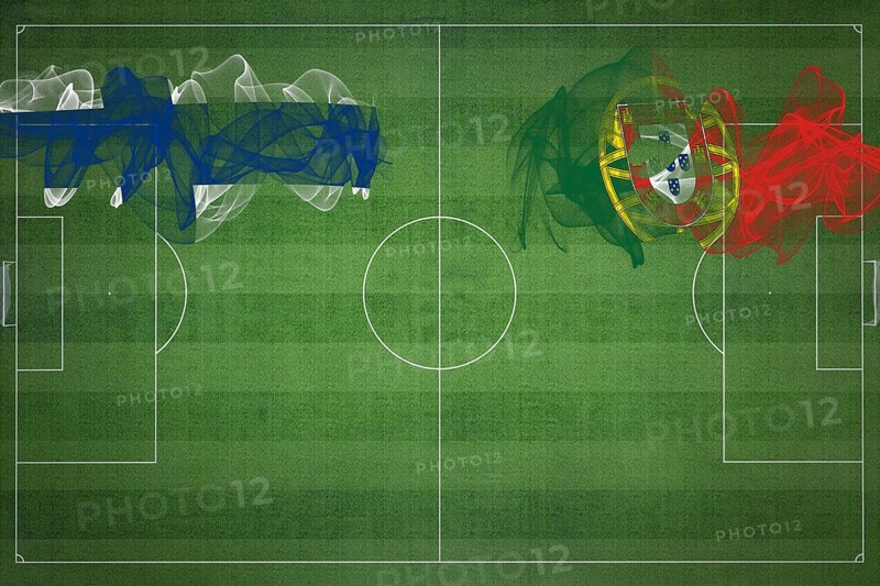 Finland vs Portugal Soccer Match, national colors, national flags, soccer field, football game, Competition concept, Copy space