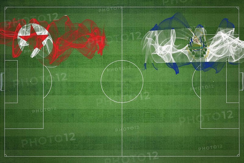North Korea vs El Salvador Soccer Match, national colors, national flags, soccer field, football game, Competition concept, Copy space