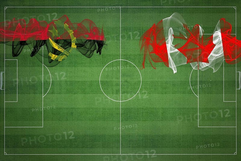 Angola vs Canada Soccer Match, national colors, national flags, soccer field, football game, Competition concept, Copy space
