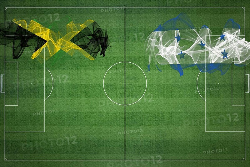 Jamaica vs Honduras Soccer Match, national colors, national flags, soccer field, football game, Competition concept, Copy space