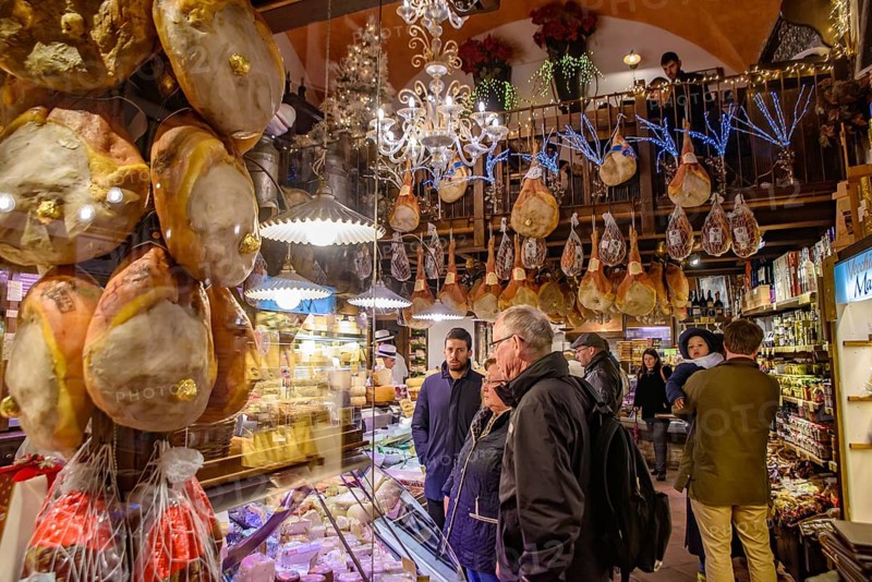 Shop selling cheese and ham in Bologna, Italy, Europe