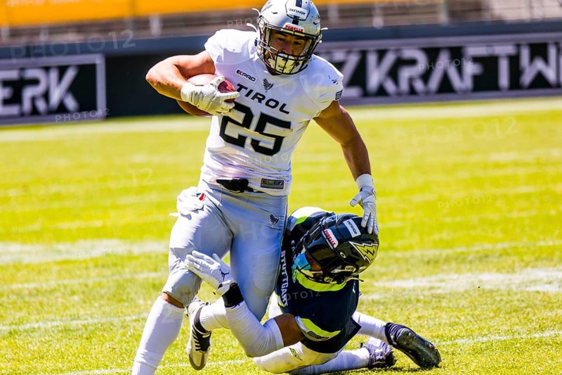 European League of Football, ELF/ Game : Tirol Raiders at Stuttgart Surge, on June. 25. 2023, in the Gazi Stadium, Stuttgart, Germany Raiders Tirol/ WR # 25 Tobias Bonatti vs. Stuttgart Surge/ DB # 24 Mitch Fettig