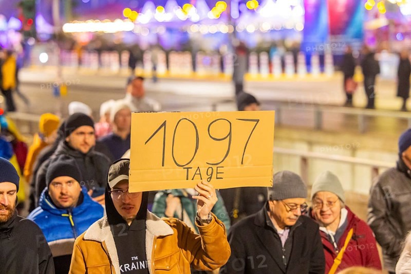 24 February marked the third anniversary of Russia's invasion of Ukraine. To mark the occasion, Ukrainian war refugees living in Dresden and their supporters demonstrated on the Neumarkt in front of the Church of Our Lady and then marched through the city centre, Dresden, Saxony, Germany, Europe