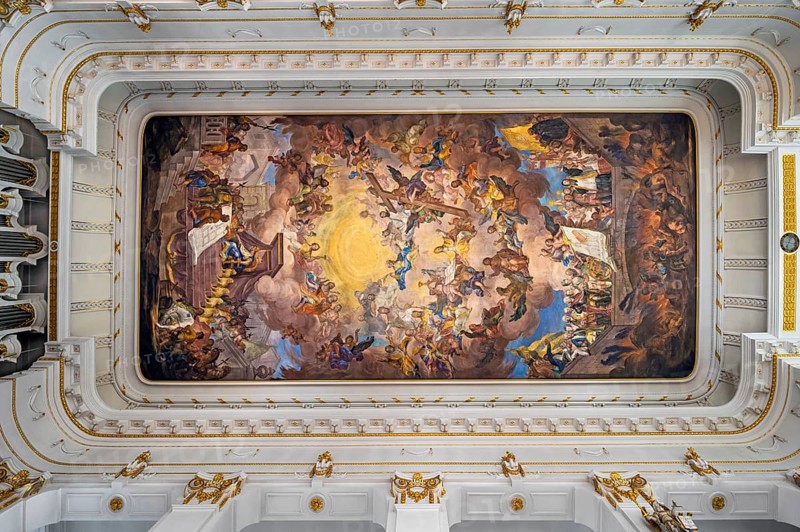 Ceiling fresco of the Roman Catholic Church of St Verena, Bad Wurzach, Allgäu, Baden-Württemberg, Germany, Europe
