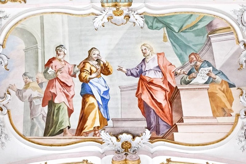 An image of a beautiful religious fresco inside the Wieskirche in Germany Bavaria