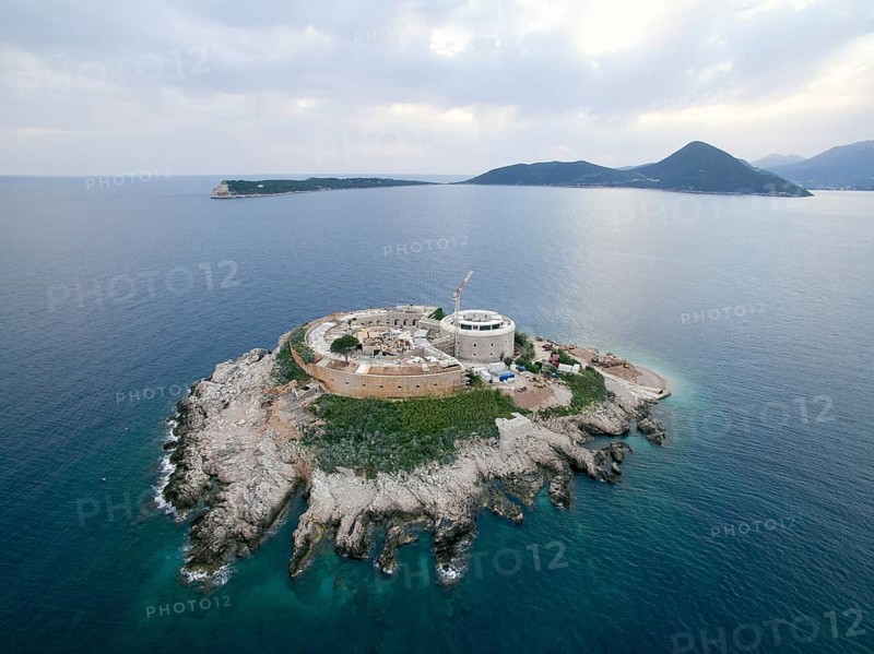 Fortress Mamula on the island of Lastavica in the sea. Montenegro. Drone.