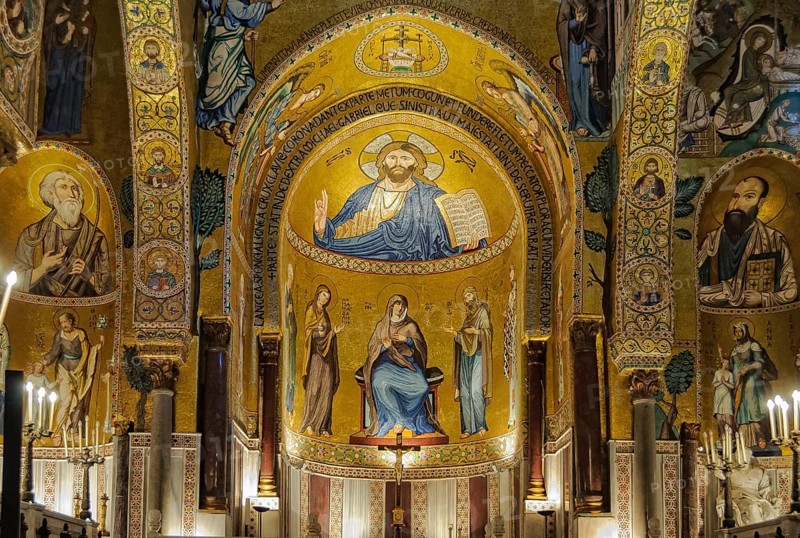 Medieval Byzantine style mosaic of Christ Pantocrator above the altar of the Palatine Chapel (Cappella Palatina), Palermo, Sicily, Italy, 20 October 2011, Europe