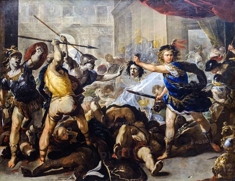Luca Giordano, Perseus turning Phineas and his followers to stone, around 1660, oil on canvas, National Gallery, London, England, Great Britain