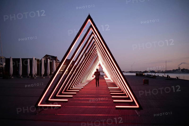 Copenhagen, Denmark, February 05, 2020: Art installation The Wave on Ofelia Square by artists Vertigo and Louise Alenius for the Copenhagen Light Festival, Europe