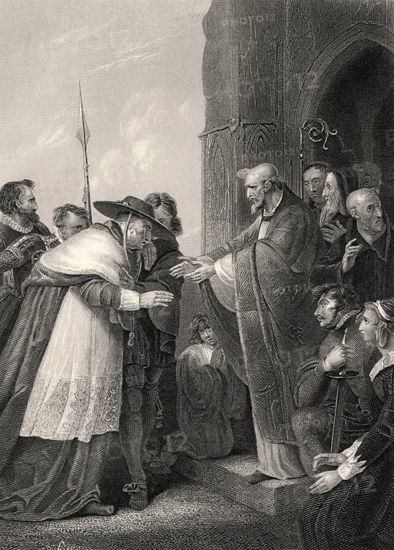 Kardinal Wolsey beim Betreten der Abtei von Leicester, Szene aus Heinrich VIII, Akt IV, Szene 2, einem Historienspiel von William Shakespeare