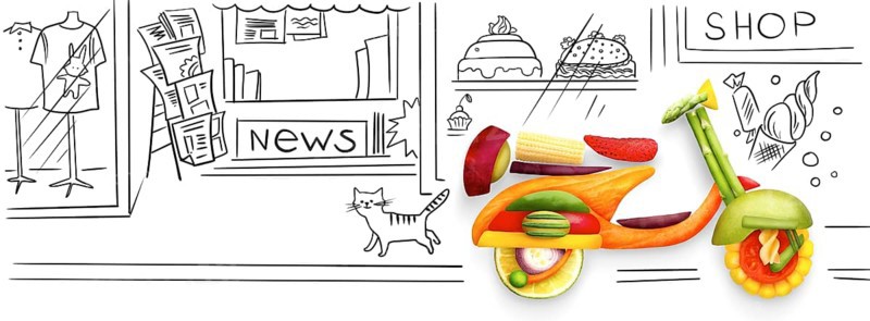 Creative food concept of a classic retro scooter Vespa for summer travelling, made of fruits and vegetables, parked on sketchy urban background