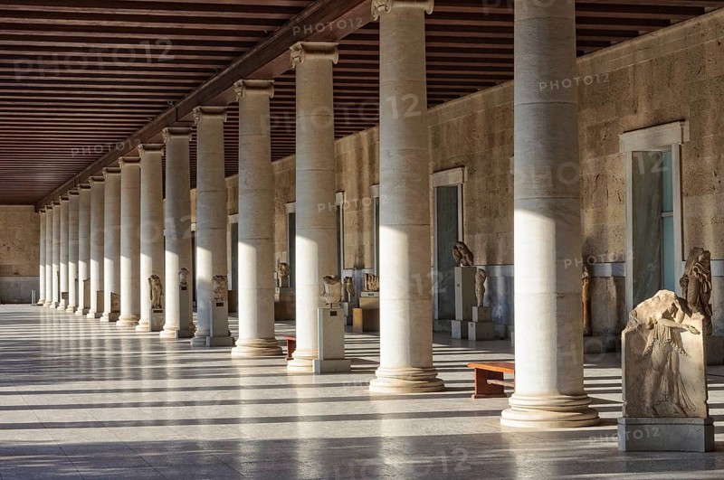 Columns inside the Stoa of Attalos, a covered walkway or portico, in the Agora, Athens, Greece, Europe