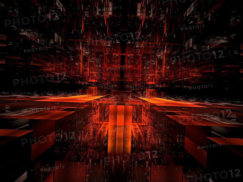 Abstract 3d illustration - computer-generated fractal. Digital art: translucent block hall or tunnel. Science fiction or information technology concept