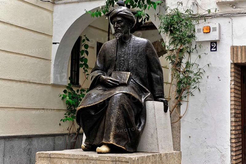 Bronze monument, monument to Adam Riese, Cordoba, Andalusia, Spain, Europe, bronze statue of a seated scholar with a book in a historic courtyard, Europe