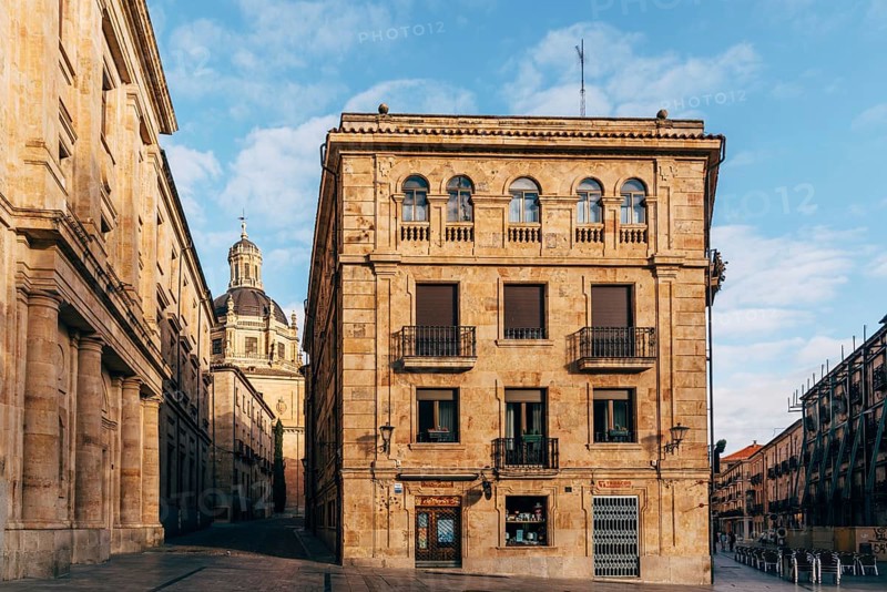 Salamanca, Spain, January 15, 2022: Cityscape of the old town of Salamanca with the church of La Clerecia. Castilla Leon, Spain, Europe