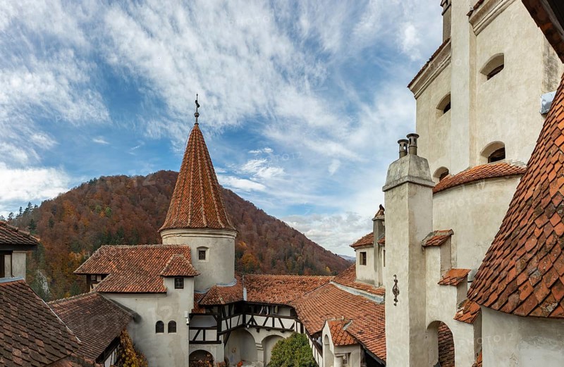 A picture of the Bran Castle as seen from its courtyard
