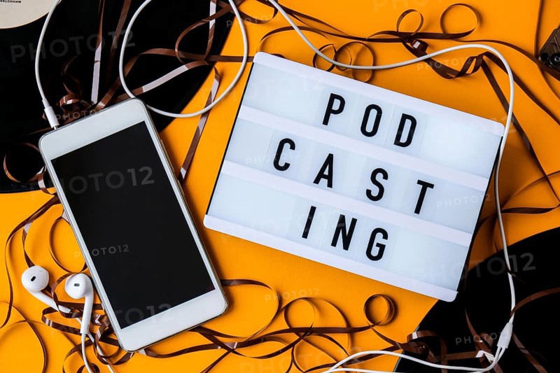 Podcasting lettering and vinyl record audio cassette tape album headphones and mobile phone. Millenial. Blogger, podcaster. Retro style. Audiobooks. New episode available