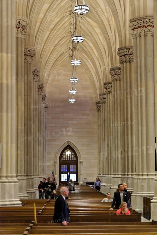 Saint Patricks Old Cathedral or Old St. Patricks, Lower Manhattan, interior view of a nave with high columns, vaulted ceiling and visitors, Manhattan, New York City, New York, USA, North America