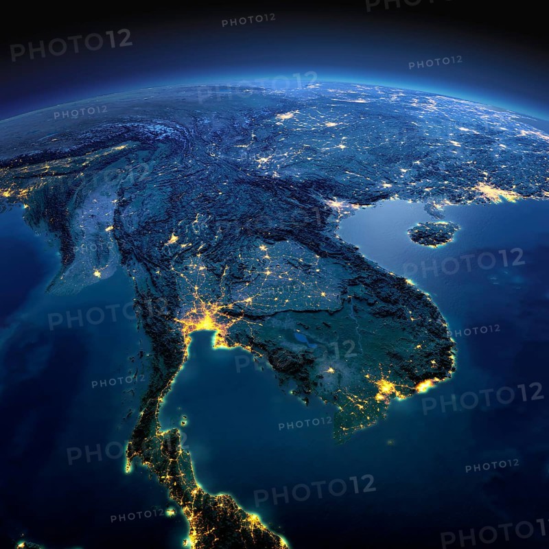 Night planet Earth with precise detailed relief and city lights illuminated by moonlight. Indochina peninsula. Elements of this image furnished by NASA