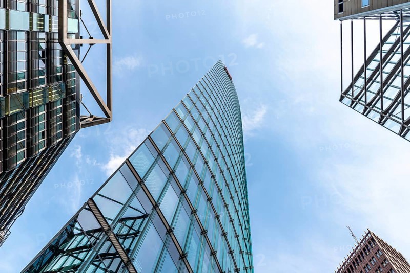 Berlin, Germany, July 28, 2019: Low angle view of the Sony Center. It is a Sony-sponsored building complex located at the Potsdamer Platz in Berlin, Europe