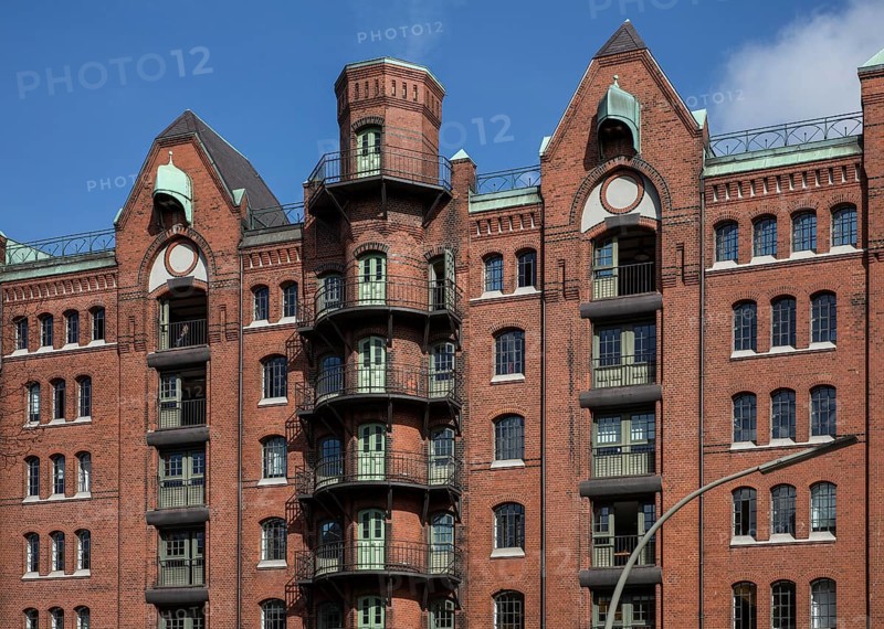 Hamburg, Speicherstadt built between 1883 and 1927, warehouse block W, façade facing Wandrahmfleet