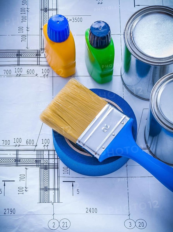 Construction plan with paint brush metal cans plastic bottles and adhesive duct tape maintenance concept