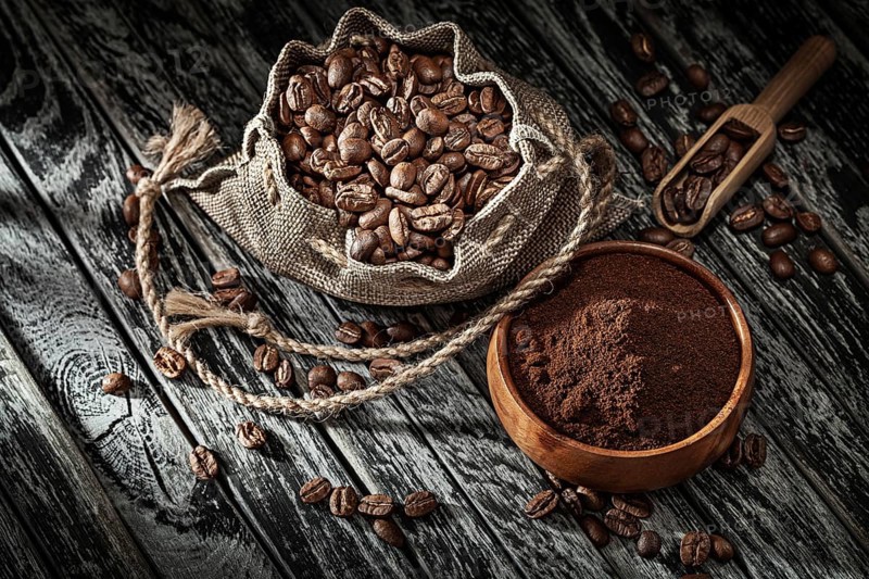 Beans Of Coffee In Bag And Coffee-Ground