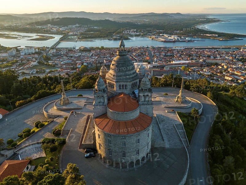 Basilica Santa Luzia at Sunrise. Viana do Castelo City, Portugal. Aerial Shot
