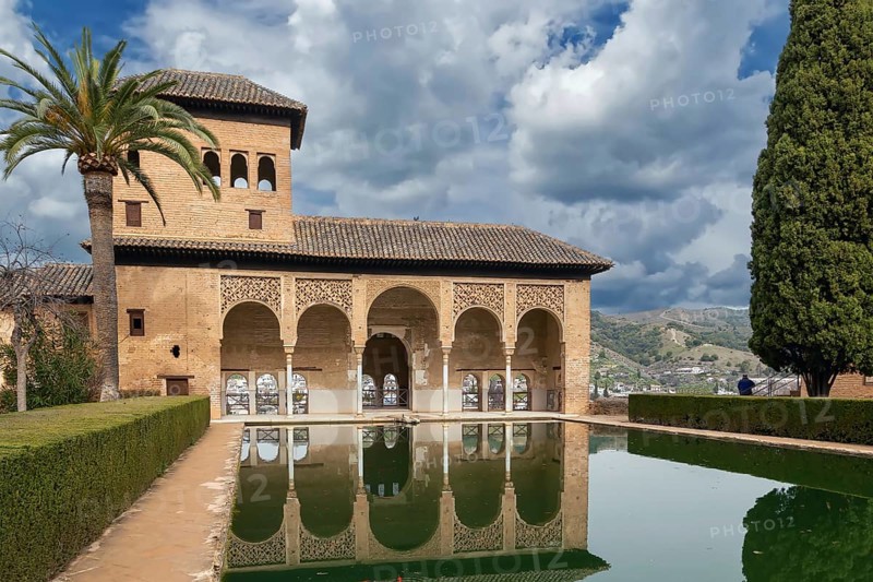 Partal Palace with pool in Alhambra garden, Granada, Spain, Europe