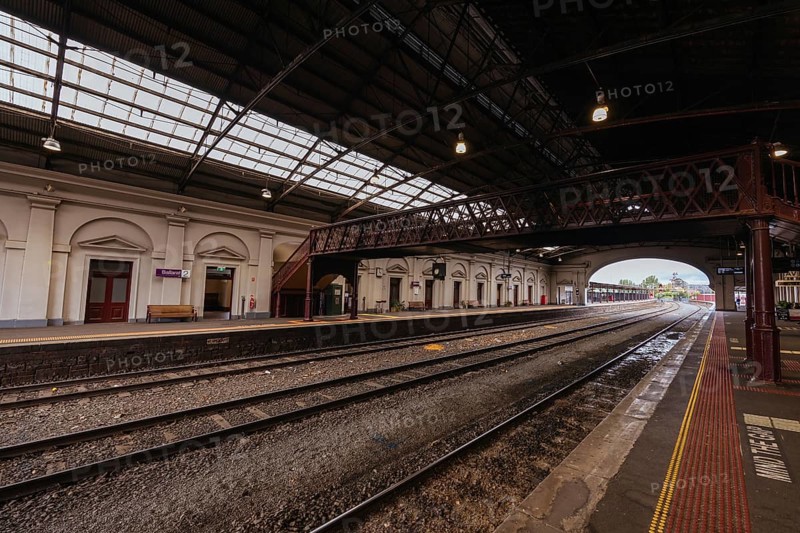 BALLARAT, AUSTRALIA, April 7 2023: The iconic architecture of the Ballarat Train Station in the country Victorian town of Ballarat on a stormy autumn afternoon