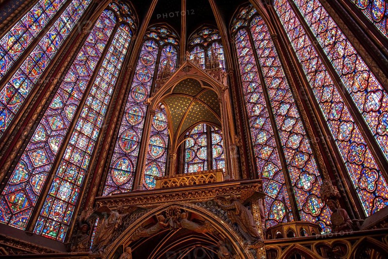 PARIS, FRANCE, MAY 13, 2022, The inside of the famous Sainte Chapelle in Paris with impressing colorful windows, France, Europe