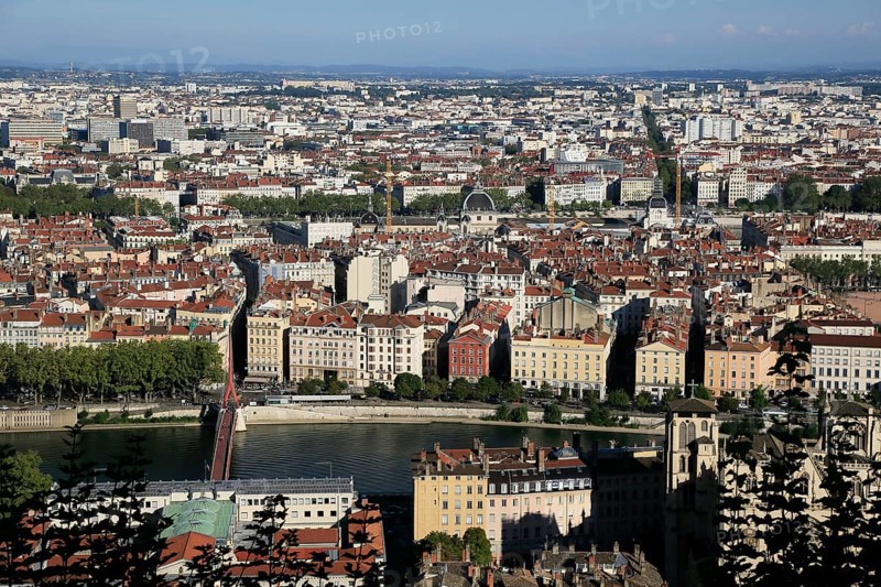 View from the Basilica of Notre-Dame de Fourviere to the city of Lyon, Auvergne-Rhone-Alpes, France, Europe