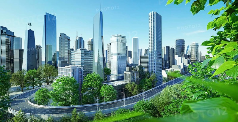 Virtual design green cityscape skyline with curvy highway road at beautiful daytime view. 3d rendering