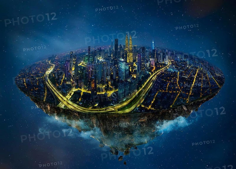 Fantasy island floating in the air with modern city skyline, Night scene