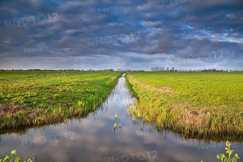 Canal in Dutch farmland with reflected sky, Holland