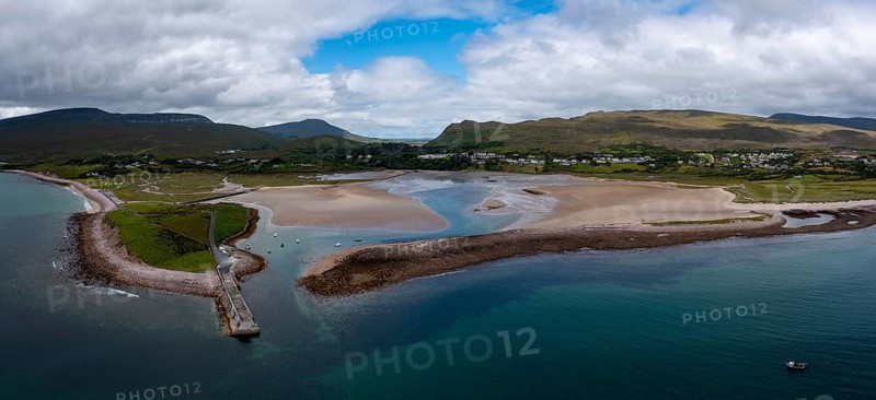 A panorama landscape of the village and harbor of Mulranny in County Mayo of western Ireland