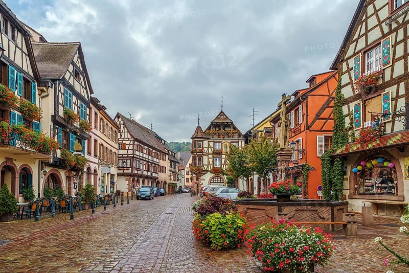Main street with historical houses in Kaysersberg, Alsace, France, Europe