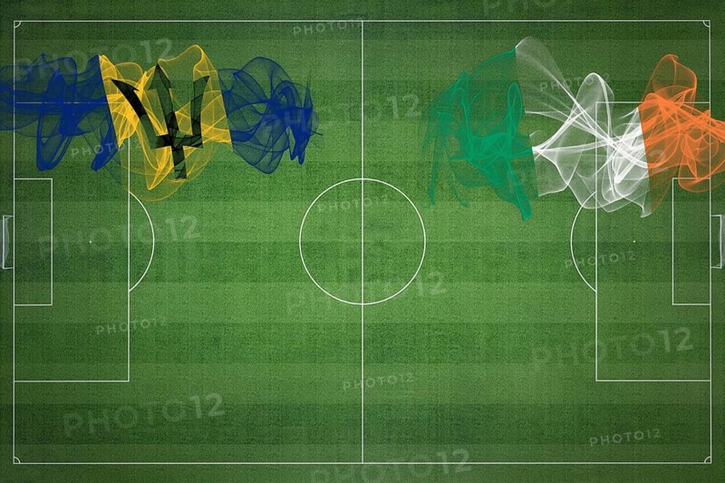 Barbados vs Ireland Soccer Match, national colors, national flags, soccer field, football game, Competition concept, Copy space