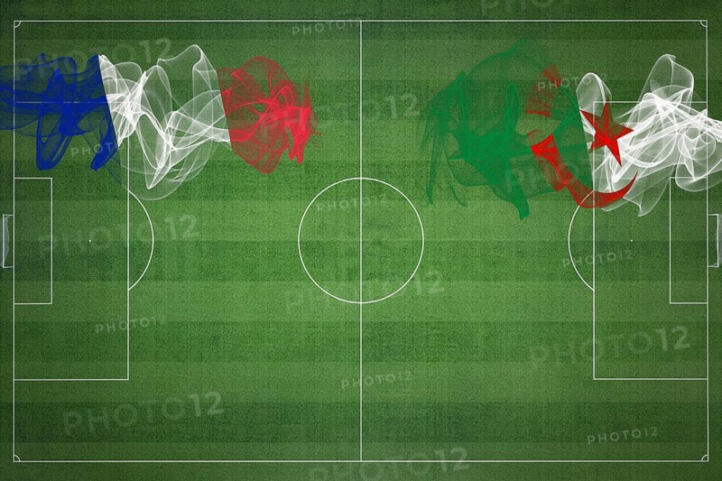 France vs Algeria Soccer Match, national colors, national flags, soccer field, football game, Competition concept, Copy space